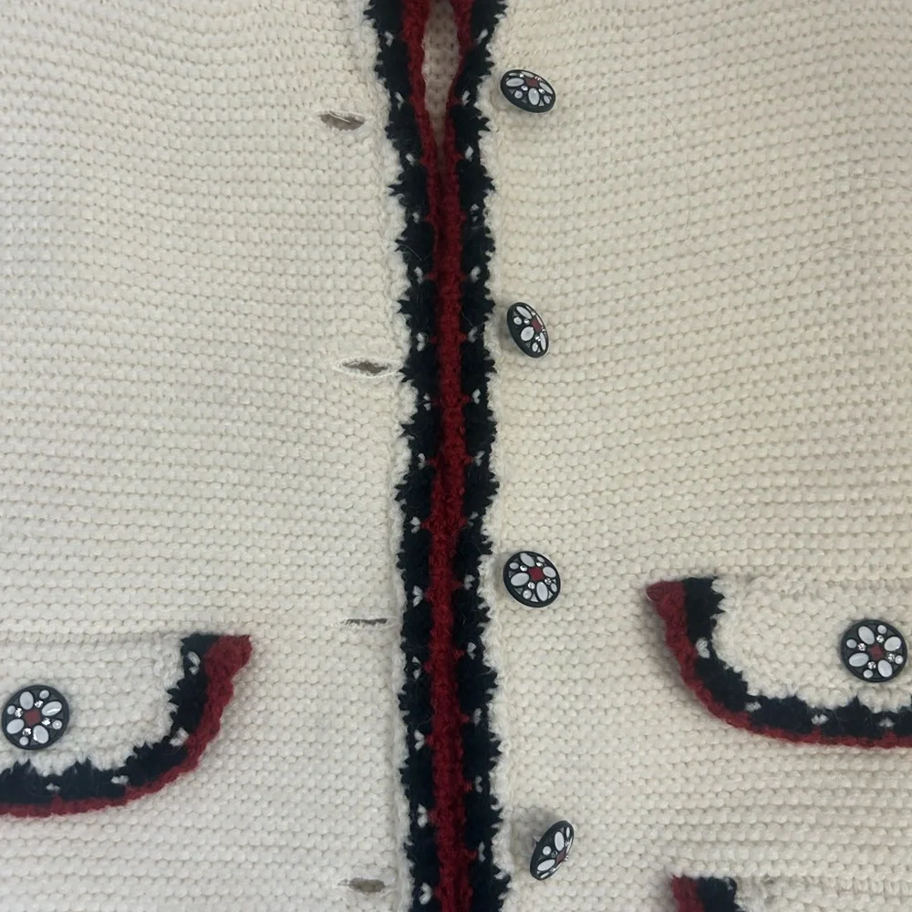 Cream Knit Cardigan with Red and Black Trim Diamond buttons size M - Picture 2 of 4